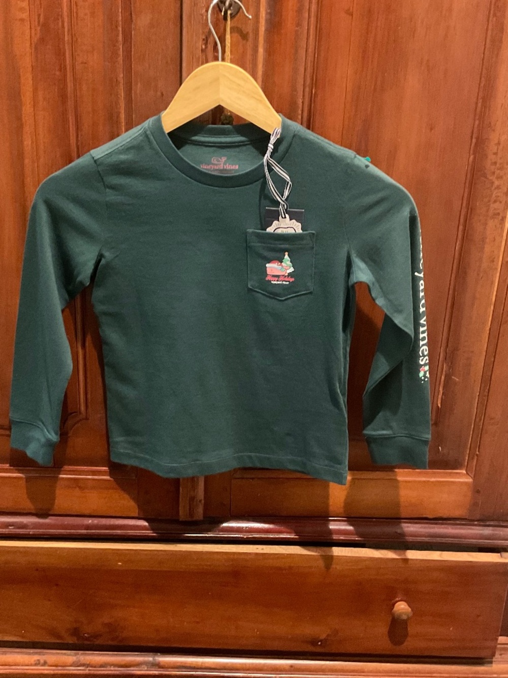 Vineyard Vines Kids Holiday Graphic Pocket Crewneck  T -Shirt, Green, Size 5